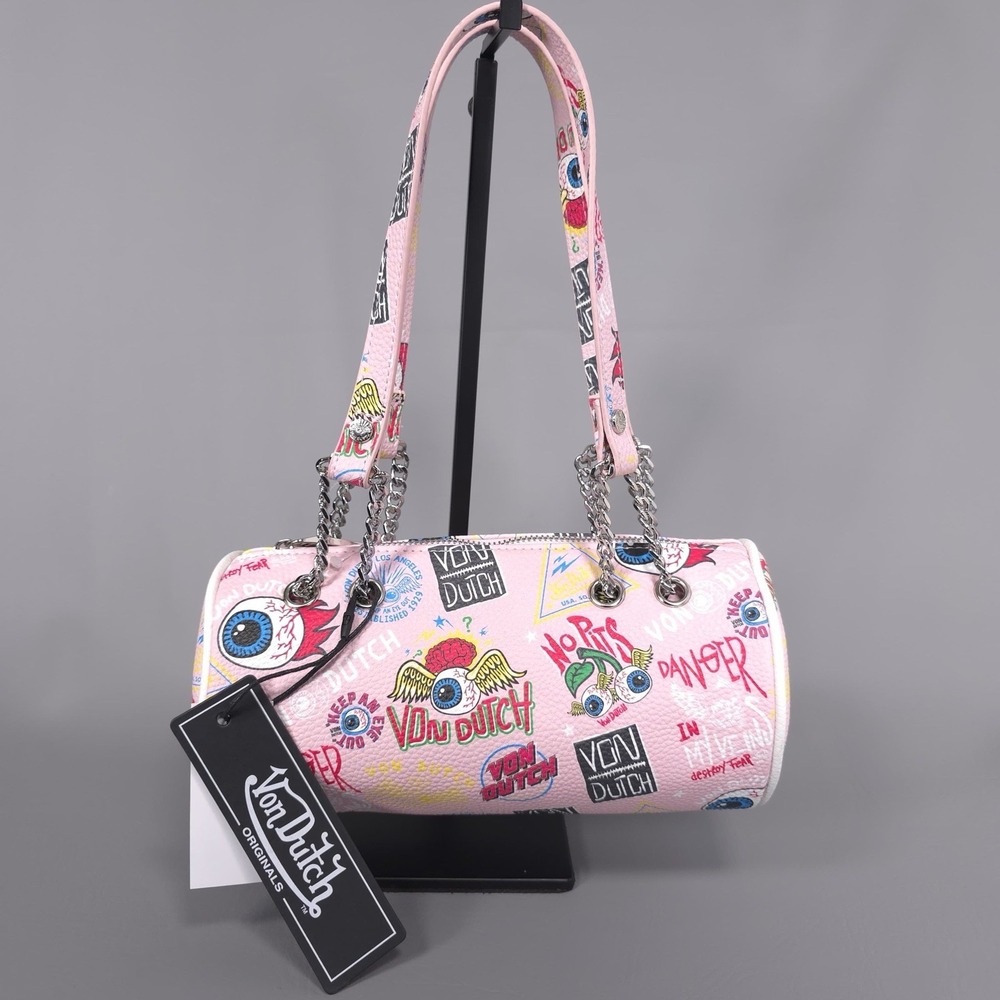 VON DUTCH New Shoulder Barrel Bag Pink Jax Logo Purse Handbag Faux Leather